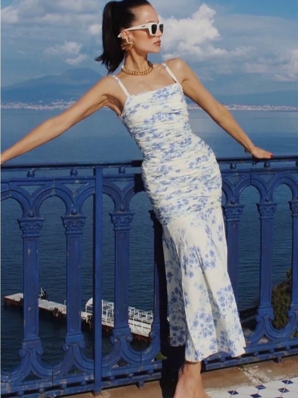 Peony Women’s Blue Floral Midi Dress with Spaghetti Straps